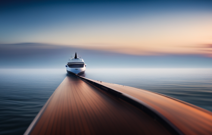 An image showcasing a vast ocean expanse, with a colossal cruise ship gracefully sailing on calm waters