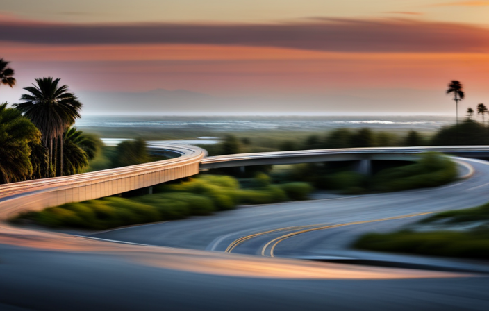 An image showcasing the panoramic view of the scenic drive from Cocoa Beach to Port Canaveral Cruise Terminal, capturing the winding road hugging the coastline, palm trees swaying in the breeze, and the glittering ocean stretching endlessly towards the horizon