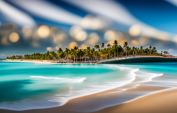 An image showcasing the panoramic view of a pristine, turquoise beach fringed with palm trees