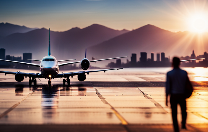 An image showcasing the picturesque Long Beach Airport, with its vibrant runway bustling with planes ready for takeoff, juxtaposed against the serene and expansive cruise port, nestled along the shimmering coastline