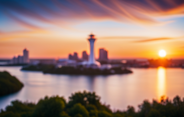 An image showcasing a vibrant sunset over Tampa Bay, with a clear view of the Pie Airport nestled amidst lush greenery, while the Tampa Cruise Port stands tall in the distance, ready to welcome travelers