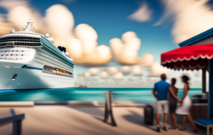 An image showcasing a vibrant cruise ship docked near Port Lucaya Marketplace