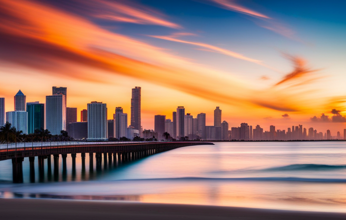 An image showcasing the breathtaking Miami skyline as a backdrop, while a vibrant beach stretches along the coast, illustrating the distance between the bustling Miami Cruise Port and the iconic South Beach