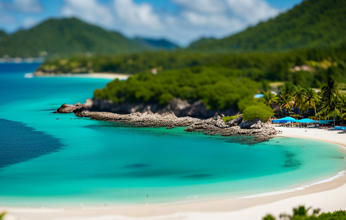 An image showcasing the vibrant turquoise waters of Tabyana Beach, with a lush tropical coastline in the background, capturing the distance between the beach and the bustling cruise port