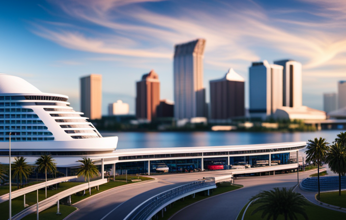 An image showcasing the distance between Tampa Cruise Port and the airport; the vibrant cruise terminal nestled against the sparkling waterfront, while the airport stands tall in the distance, connected by a winding road