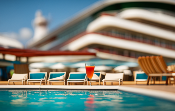 An image showcasing a bustling cruise ship deck, adorned with colorful deck chairs and sun umbrellas, filled with happy vacationers enjoying the sparkling swimming pool, sipping cocktails, and engaging in lively conversations amidst the picturesque ocean backdrop