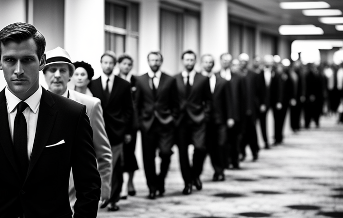 An image depicting a bustling cruise ship job fair, with a long line of hopeful applicants snaking around the deck, each person dressed in their finest attire, clutching resumes and nervously awaiting their turn