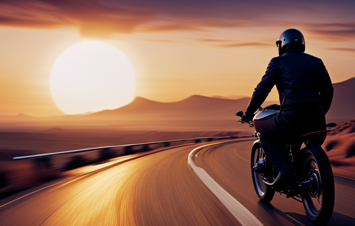 An image showcasing a rugged motorcycle racing along a winding road under a vibrant sunset sky