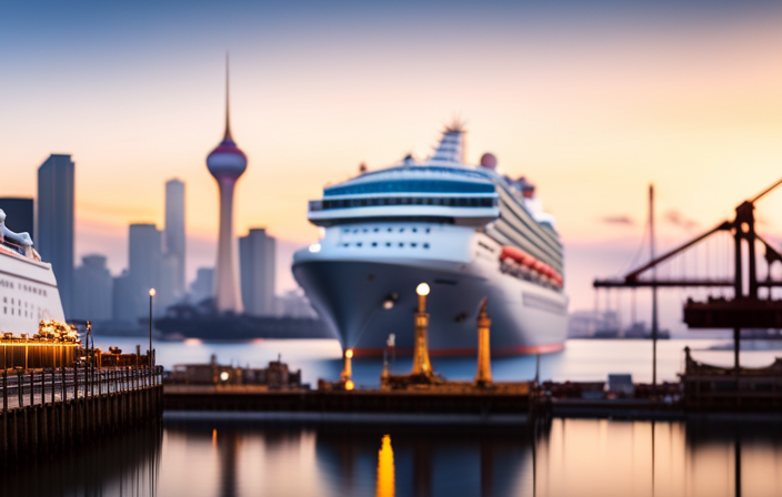 An image depicting a majestic cruise ship docked at a bustling port, surrounded by towering cranes unloading cargo, as passengers engage in vibrant activities on board, showcasing the diverse experiences during a cruise ship's extended stay in port