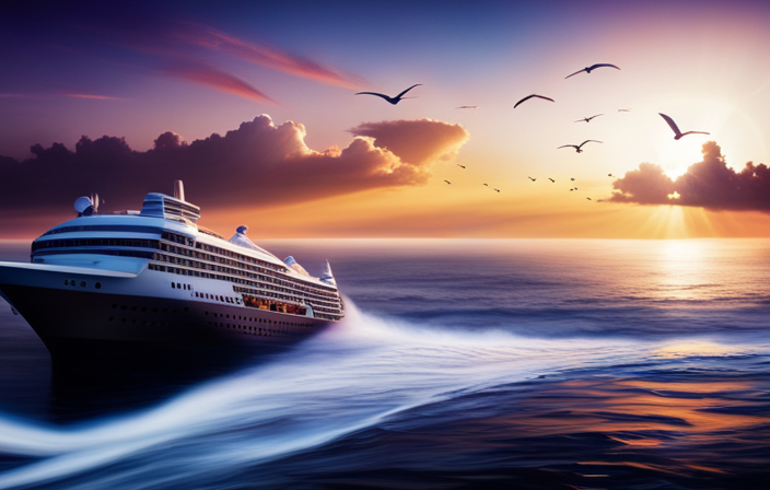 An image capturing the vastness of the Atlantic Ocean, with a majestic cruise ship gliding through the deep blue waters, surrounded by seagulls and a breathtaking sunset painting the sky in hues of orange and purple