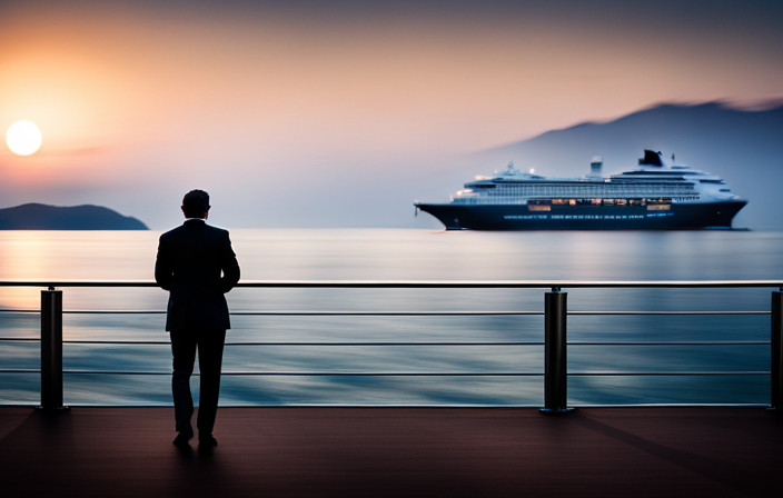 An image showcasing a serene seascape, with a cruise ship sailing into the distance, while a figure stands on the deck, holding onto the railing, appearing slightly unsteady, capturing the lingering dizziness after a cruise