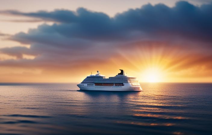 An image showcasing a majestic cruise ship sailing across the vast Atlantic Ocean, capturing the golden hues of a breathtaking sunset, while gentle waves crash against the ship's hull, symbolizing the timeless journey it undertakes to cross the vast expanse
