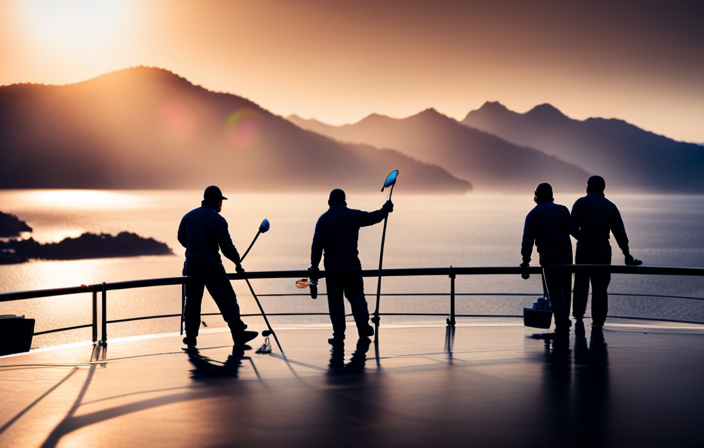 An image showcasing a team of diligent crew members meticulously scrubbing every deck, polishing glass railings to a sparkling shine, and meticulously disinfecting every nook and cranny of a colossal cruise ship