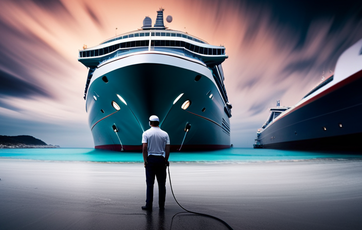 An image capturing the mesmerizing scene of a colossal cruise ship docked alongside a fueling station, as massive hoses connect, pumping gallons of fuel into its colossal tanks, while crew members oversee the process meticulously
