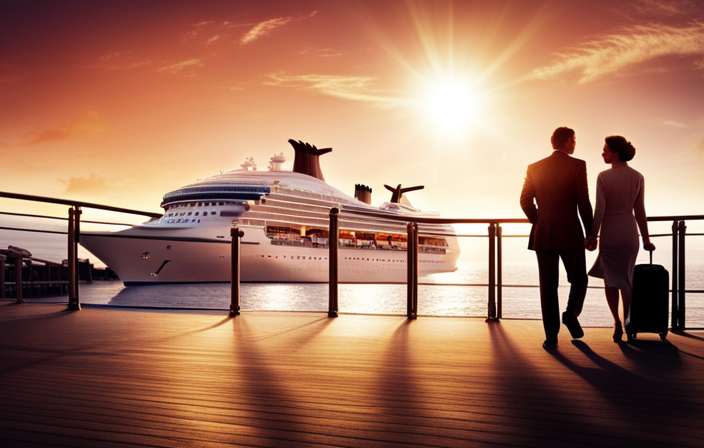 An image capturing the scene of a docked cruise ship with a long queue of passengers patiently descending the gangway, hand in hand with their luggage, under the warm glow of a setting sun