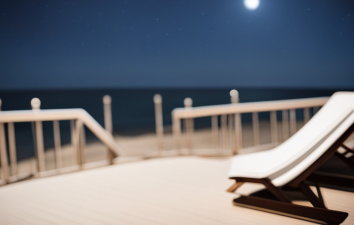 An image capturing the gentle motion of a ship's deck under a starry night sky, with moonlight casting elongated shadows of swaying deck chairs and the rhythmic dance of curtains billowing in the sea breeze