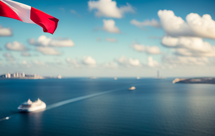 An image capturing the vast expanse of the Atlantic Ocean, with a luxurious cruise ship gliding gracefully, adorned with vibrant flags, as it sails from the iconic New York City skyline towards the picturesque shores of Italy