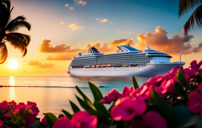 An image of a majestic cruise ship gliding through the cerulean waves of the Pacific Ocean towards the sun-kissed shores of Hawaii, framed by lush palm trees and vibrant tropical flowers