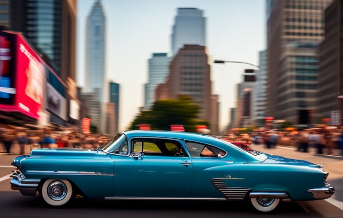 the essence of the Woodward Dream Cruise with a vibrant collage of classic cars stretching as far as the eye can see, traversing the picturesque tree-lined streets, merging into a colorful symphony of automotive heritage