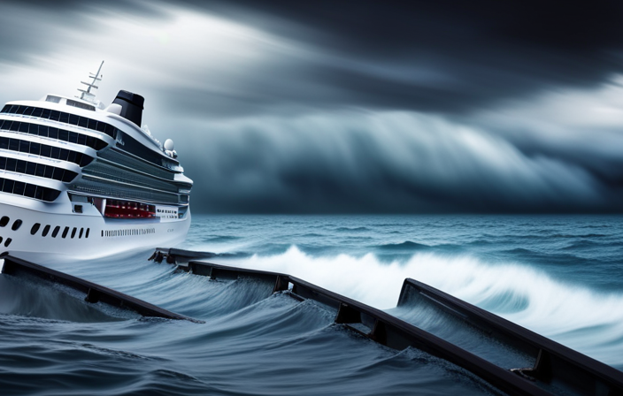 An image showcasing a colossal cruise ship, partially submerged in turbulent ocean waves, with dark storm clouds looming overhead