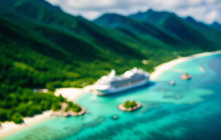 An image showcasing a mesmerizing cruise ship sailing through crystal-clear turquoise waters, with a backdrop of lush green islands, as a multitude of American Express points gracefully float in the air