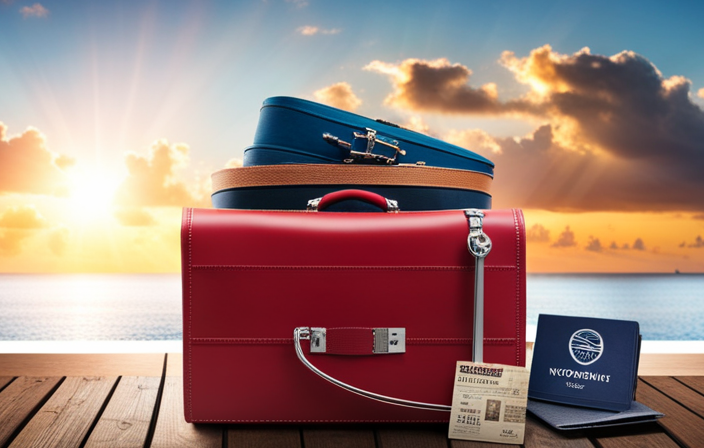 An image showcasing a colorful suitcase collage, with various sizes and styles, positioned next to a Norwegian Cruise Line logo