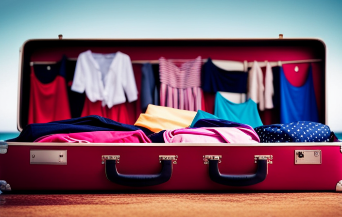 An image featuring a colorful suitcase filled with seven neatly folded bathing suits of various styles and patterns, perfectly organized for a week-long cruise