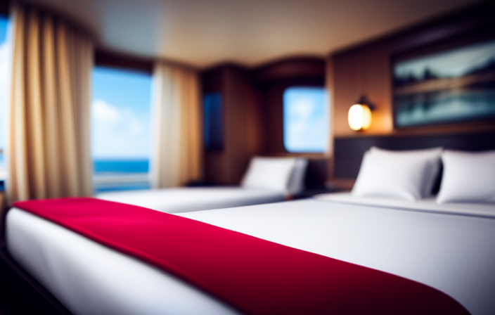 An image showcasing a spacious cruise ship room with two comfortable queen-size beds adorned with fluffy white duvets and vibrant throw pillows, inviting readers to explore the topic of bed capacity on cruise ships