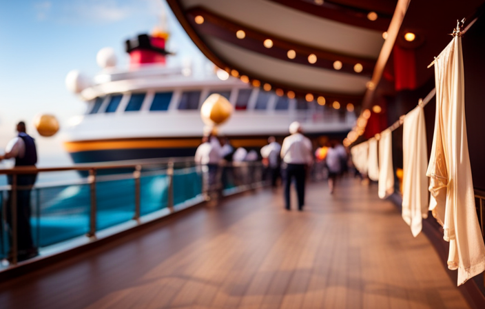 An image showcasing a bustling Disney cruise ship deck, adorned with vibrant color-coded banners and numbered signage