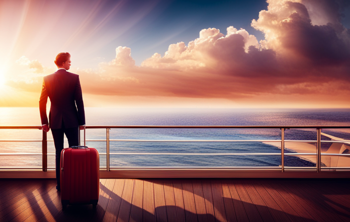 An image showcasing a vibrant cruise ship deck with a suitcase icon crossed out, followed by two allowed suitcases, symbolizing Carnival Cruise's carry-on bag policy