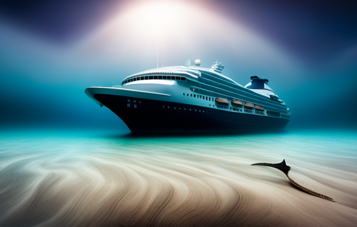 An image capturing the vastness of the ocean, with a lone, sunken cruise ship resting on the ocean floor