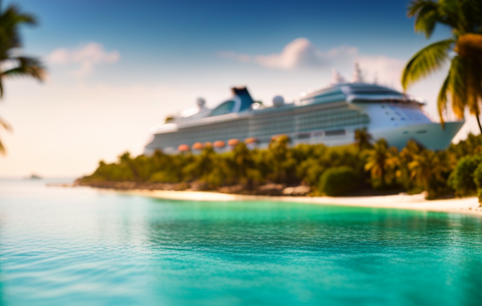 An image of a tropical cruise ship sailing through crystal-clear turquoise waters, showcasing a digital DVC points calculator projected onto its sleek exterior, capturing the essence of "How Many DVC Points for a Cruise" blog post