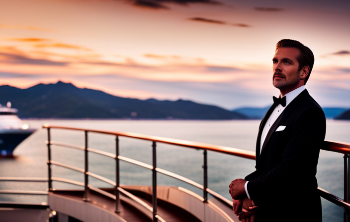 An image showcasing a luxurious cruise ship adorned with elegant chandeliers and passengers dressed in glamorous evening gowns and black-tie attire, adding to the enchanting ambiance of multiple formal nights during a delightful 5-day voyage