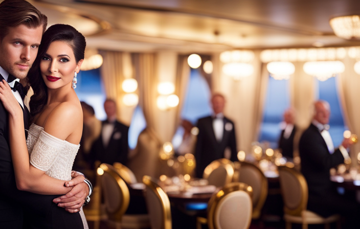 An image showcasing an elegant dining room aboard a Princess cruise ship, adorned with sparkling chandeliers, finely dressed guests, and a luxurious ambiance, illustrating the concept of formal nights on a 7-day cruise