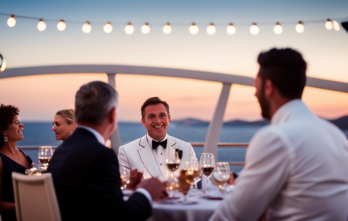 An image showcasing a glamorous cruise ship setting at dusk, with elegantly dressed guests enjoying a refined dinner on the deck under twinkling lights, perfectly capturing the enchantment of multiple formal nights on an MSC 7-night cruise