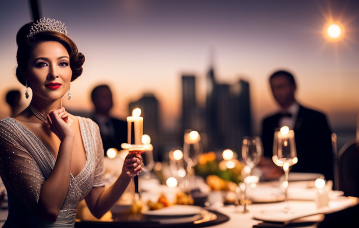 An image showcasing a luxurious dining room aboard a Royal Caribbean 7-day cruise, beautifully set with elegant table settings, sparkling chandeliers, and guests dressed in formal attire, capturing the essence of the multiple formal nights on board