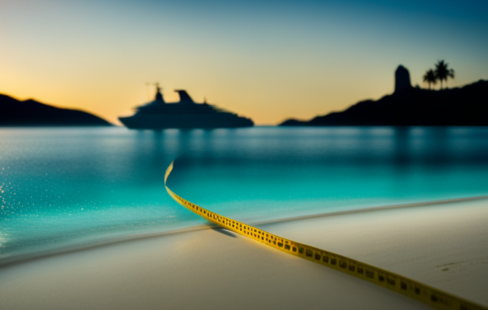 An image featuring a serene and luxurious cruise ship sailing on crystal-clear turquoise waters, juxtaposed with shadowy silhouettes of crime scene tape and forensic markers, alluding to the hidden truth of murders on these seemingly idyllic voyages