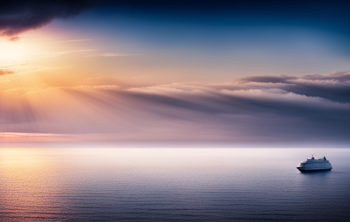 An image depicting a vast expanse of deep blue ocean with a solitary cruise ship disappearing into the horizon, leaving behind an eerie sense of mystery and unanswered questions