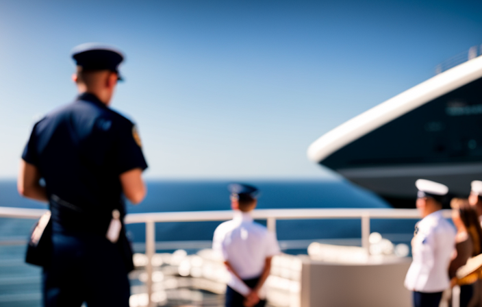 An image showcasing a panoramic view of a luxurious cruise ship, highlighting numerous uniformed security guards stationed strategically at key points like entrances, decks, and sensitive areas, ensuring the safety and peace of mind for all passengers