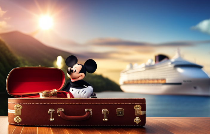 An image showcasing a Mickey Mouse-shaped suitcase packed with various liquor bottles, sparkling with colors and reflecting a sunny deck background of a Disney cruise ship