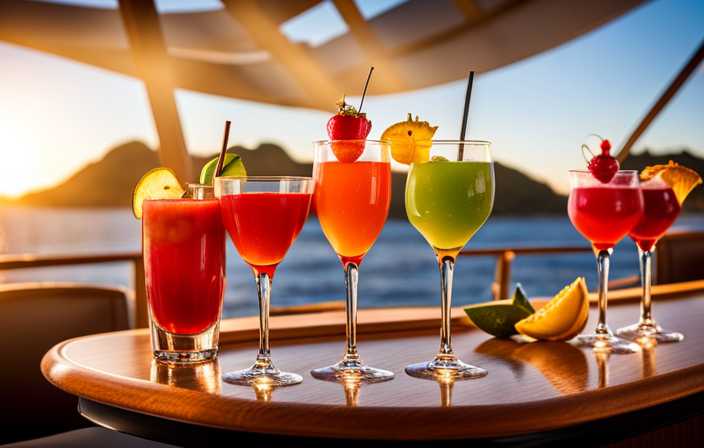 An image showcasing a colorful array of tropical drinks on a Disney Cruise, adorned with vibrant umbrellas and fresh fruit garnishes