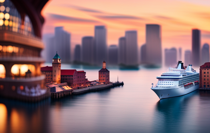 An image showcasing a serene cruise ship docked in a picturesque port, surrounded by beautifully colored buildings, while a small icon illustrates the calculation of port fees and taxes, subtly hinting at the topic of the blog post