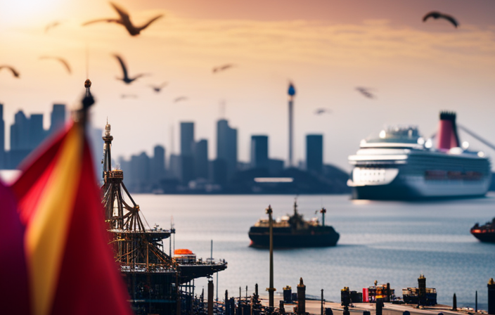 An image depicting a stunning cruise ship docked at a vibrant port, surrounded by towering cranes, bustling cargo ships, and a variety of colorful flags fluttering in the breeze, showcasing the significant port fees incurred during a cruise journey