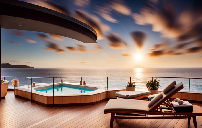 An image of a luxurious cruise ship's serene spa deck, adorned with plush loungers, glistening infinity pools, and couples indulging in rejuvenating massages, showcasing the opulence and serenity of Carnival Cruise's spa treatments