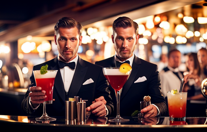 An image showcasing a cruise ship bar with bartenders skillfully mixing colorful cocktails