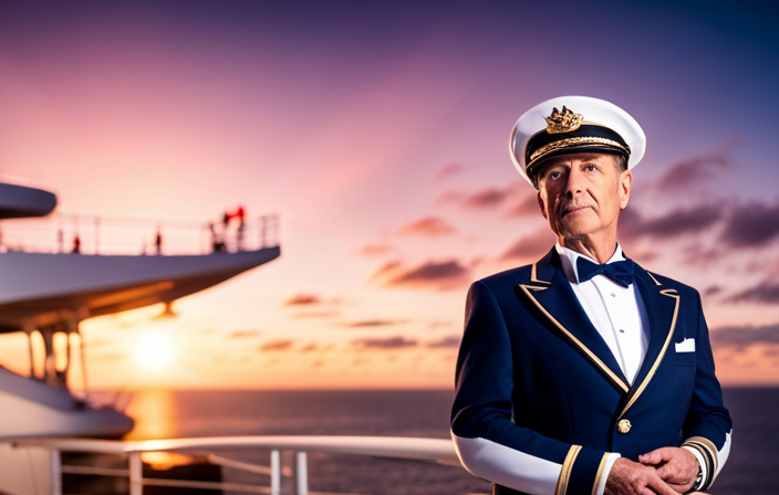 An image depicting a cruise director confidently standing on a luxurious cruise ship's deck, elegantly dressed in a navy blue uniform with gold accents