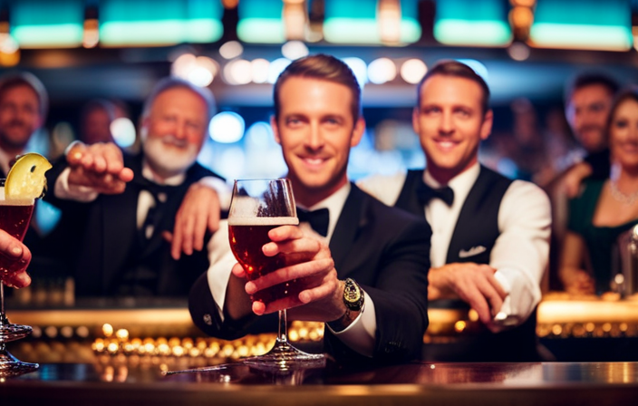 An image showcasing a bustling cruise ship bar, adorned with sparkling liquor bottles, as bartenders expertly craft cocktails, their hands gliding effortlessly over shakers, while guests laugh and enjoy the vibrant atmosphere