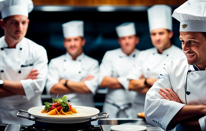 An image showcasing a gleaming cruise ship kitchen, bustling with skilled chefs in crisp white uniforms