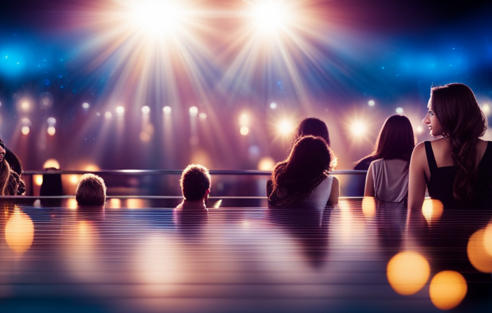 An image showcasing a vibrant, bustling cruise ship theater stage, adorned with dazzling lights and filled with talented entertainers captivating an enthusiastic audience, symbolizing the intriguing world of cruise ship entertainer salaries