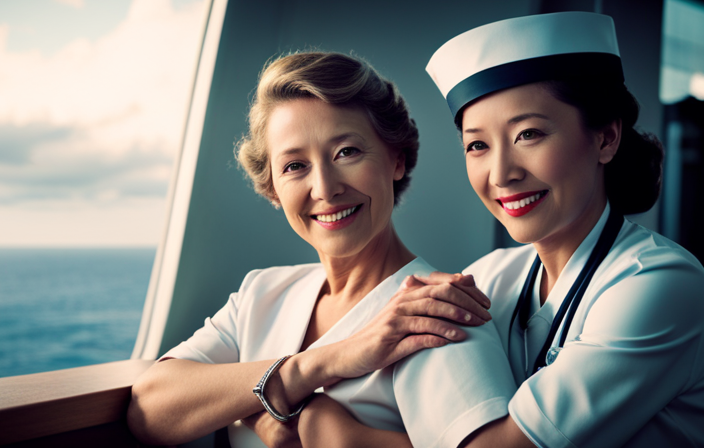 An image depicting a serene cruise ship setting, where a compassionate nurse in a pristine uniform tends to a smiling passenger's medical needs, subtly showcasing the allure of the profession and the potential financial rewards
